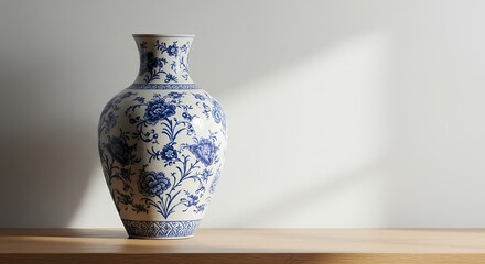 A porcelain vase with blue floral designs sitting on a wooden surface against a white wall background