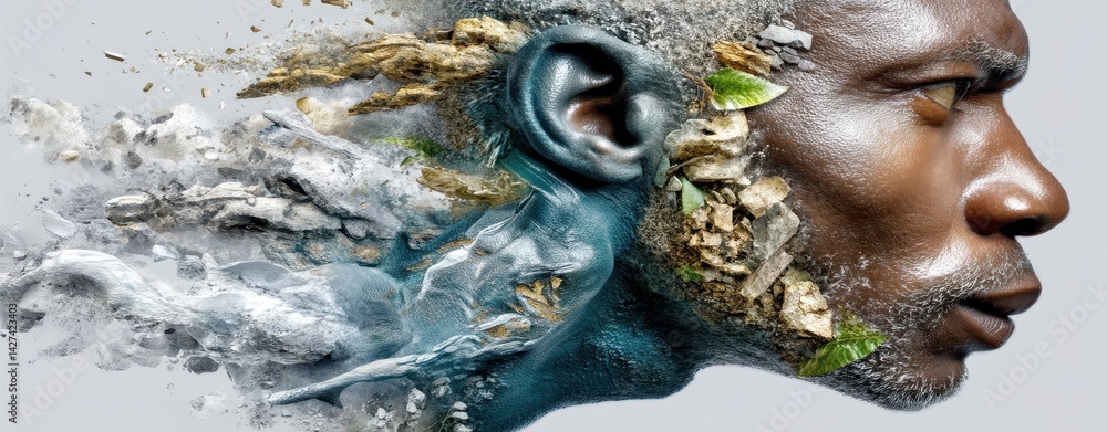 Poster creative double exposure of a silhouetted profile merging with nature and elements for artistic repr
