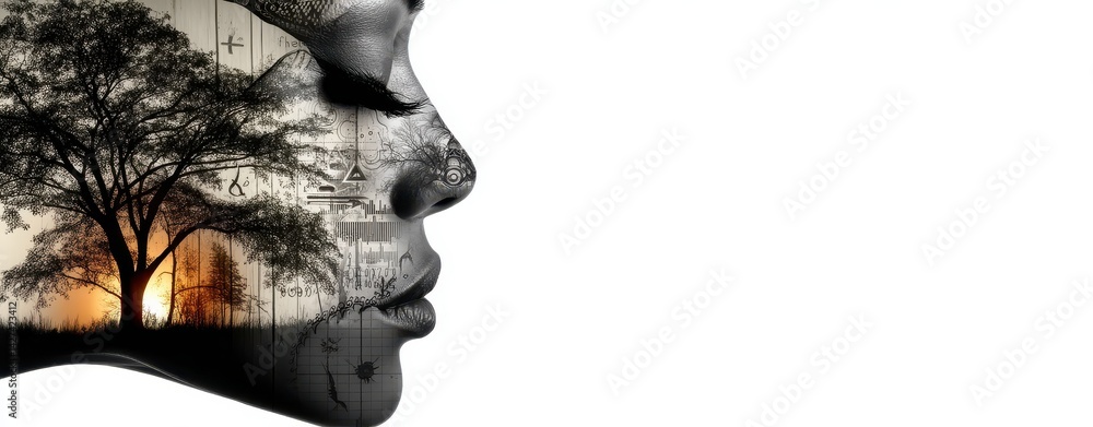 Poster artistic double exposure image of a silhouette with tree and sun in profile view