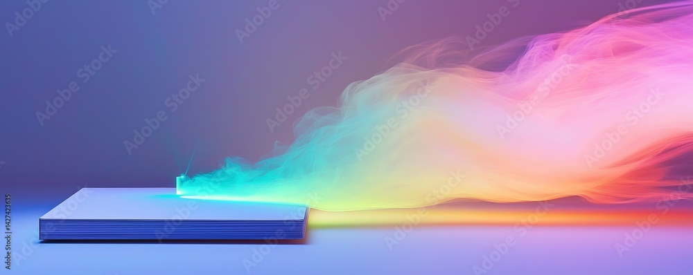 Poster a vibrant image of colorful smoke emanating from a flat surface, creating an artistic effect.