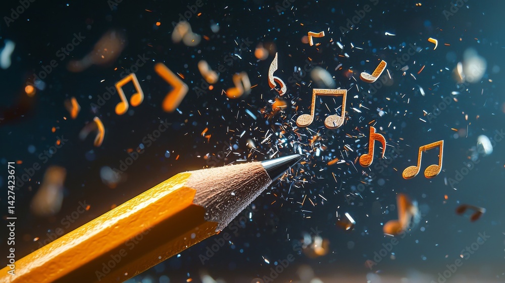 Poster a vibrant image showcasing a pencil creating music notes with dynamic energy.