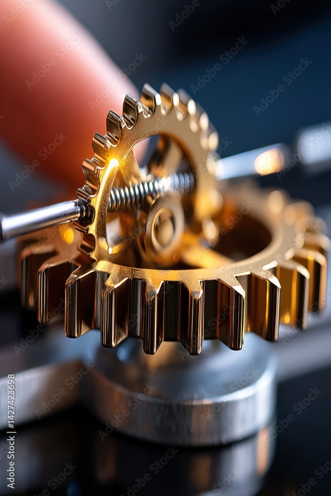 Poster intricate close-up of golden gear mechanism with finger interaction in a high-detail setting