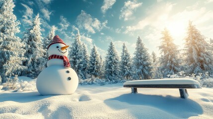 Obraz premium Snowy Winter Wonderland: Snowman and Bench in a Sunlit Forest