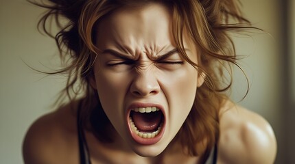 Explosive close‑up portrait of a young person mid‑scream, eyes clenched and mouth wide open, capturing raw frustration, mental overload, and the urgent need for emotional release in powerful psycholog
