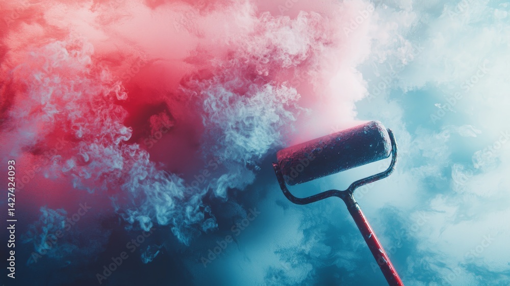Poster a vibrant paint roller creates dynamic patterns in colorful smoke clouds.