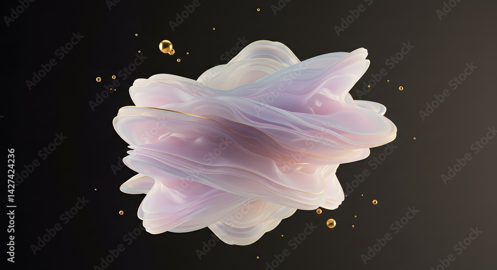 Poster abstract rendering of a layered translucent shape with golden orbs against a dark background