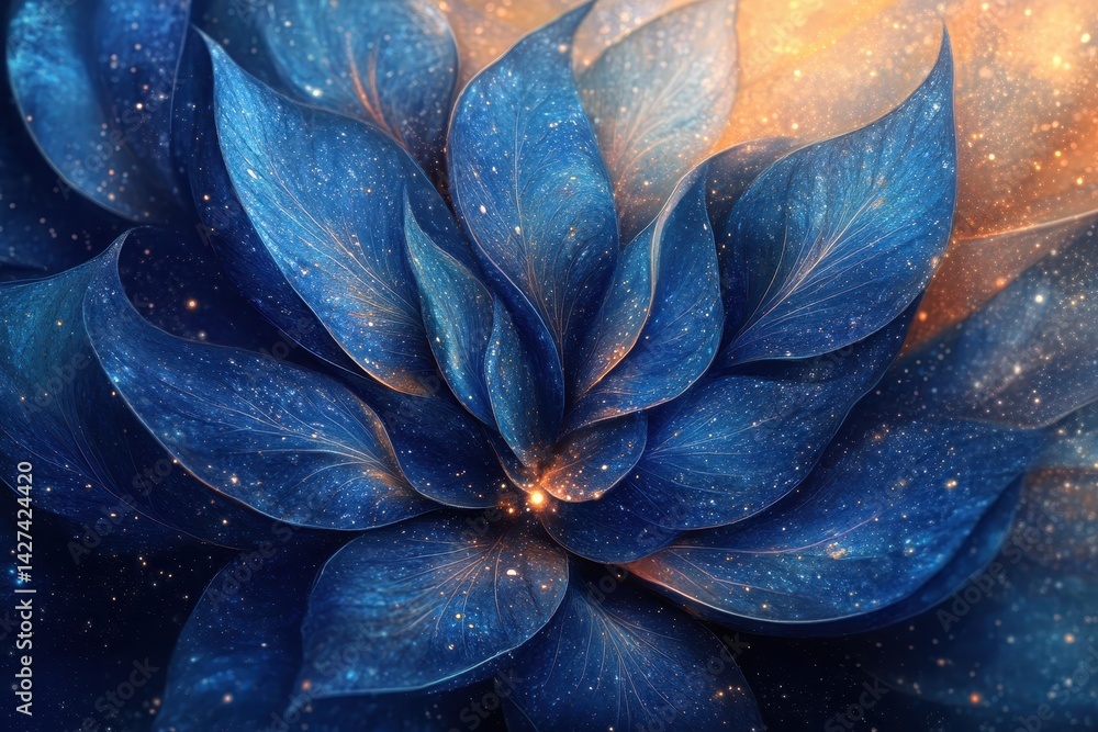 Poster intricate blue floral pattern with cosmic elements creating a serene atmosphere at twilight