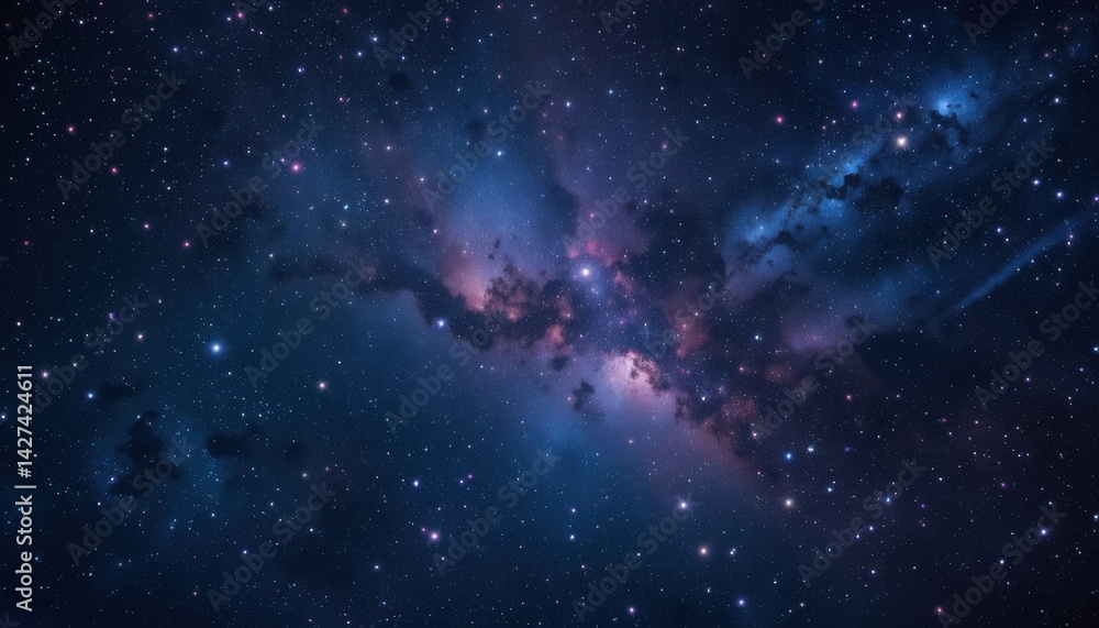Poster exploring starry galaxy with nebula and deep space glow
