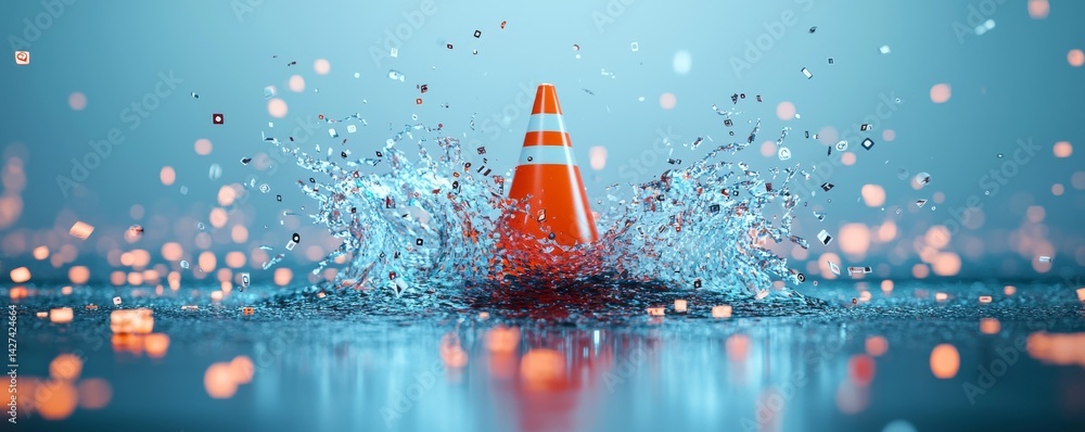 Poster a vibrant traffic cone splashes in water, creating an abstract visual effect.