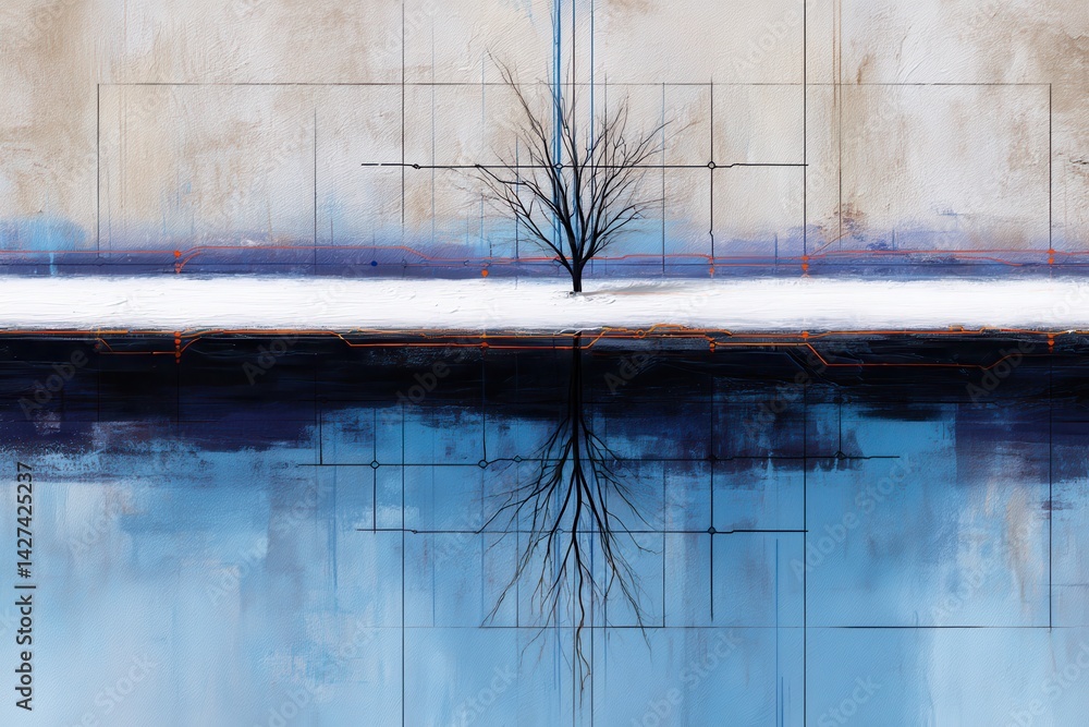 Poster double exposure art of a lonely tree reflecting in a calm blue water surface with abstract backgroun