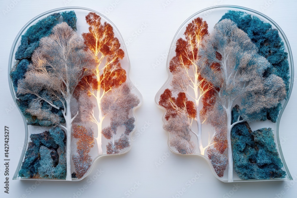 Aufkleber artistic representation of tree profiles with double exposure techniques and bright illumination
