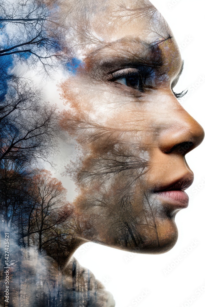 Poster double exposure art featuring trees and clouds merging with human profile for creative visuals and b