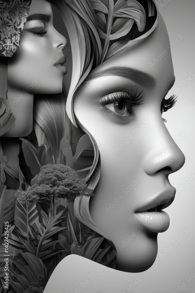 Poster artistic double exposure portrait with nature elements and abstract tree shapes