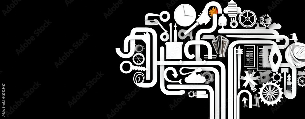 Poster Abstract Line Art Depicting Brain Function with Double Exposure Elements and Conceptual Imagery for Creative Projects