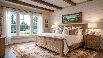 a cozy, rustic-style bedroom with a neutral color palette. The room features a large wooden bed with a light wood frame, adorned with white bedding and several beige and white pillows.