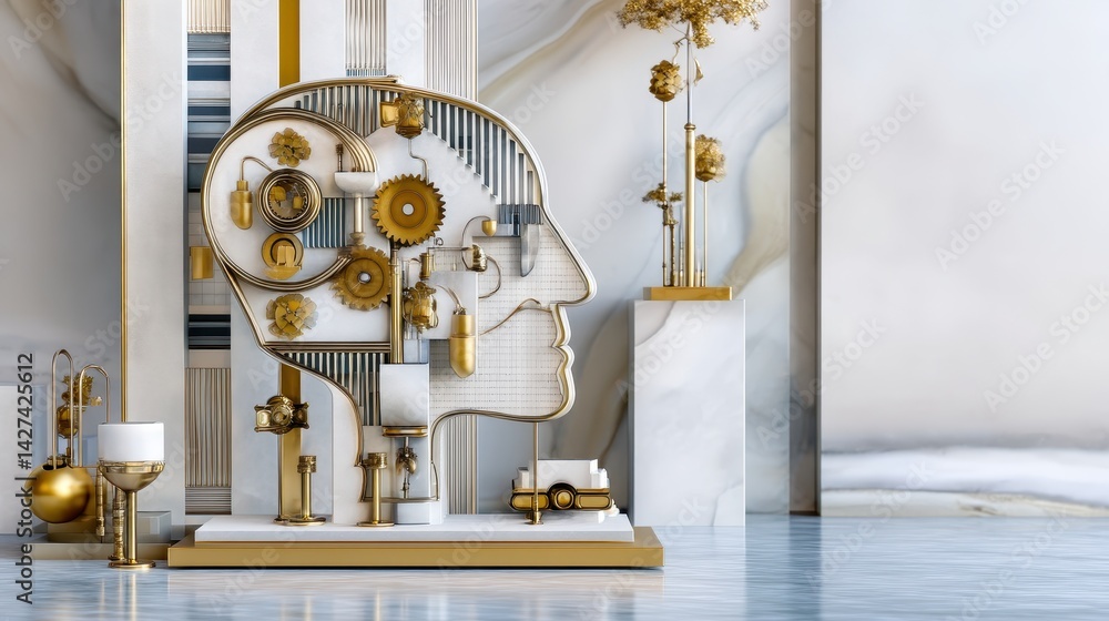 Poster artistic representation of a brain in a double exposure style, featuring gears and elegant decor ele