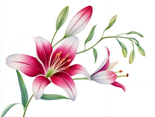Pink and White Lily Flower Painting with Buds and Leaves