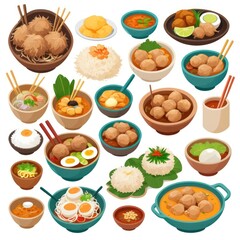 vibrant and colorful illustration featuring a variety of Asian dishes arranged on a teal background