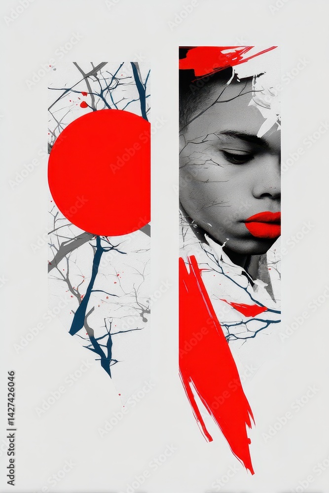 Poster artistic double exposure image featuring bold colors and abstract elements in a flat icon style