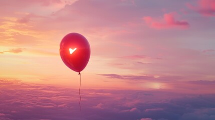 Fototapeta premium A whimsical red balloon floats above clouds at sunset, symbolizing love and freedom.