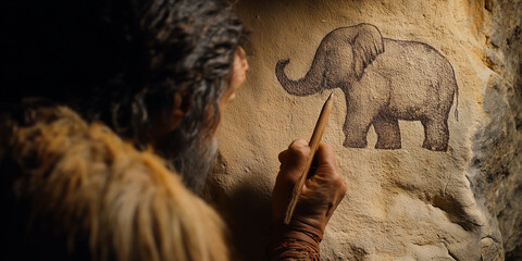 Prehistoric cave artist drawing elephant on stone wall