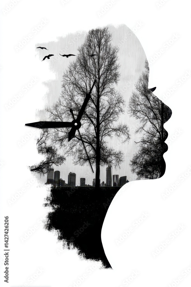 Poster double exposure artwork featuring face silhouette with tree and clock elements in minimalist flat de