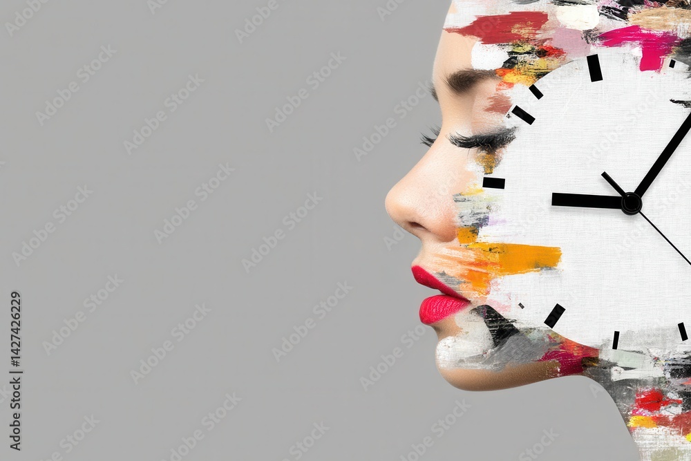 Aufkleber creative double exposure art with face and clock design on abstract colorful background