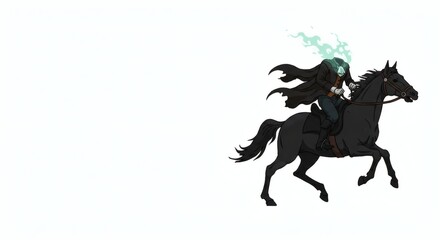 Naklejka premium Illustration of a headless horseman riding a black horse with green flames on a white background
