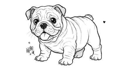 Cute Bulldog Puppy Sketch with Flowers and Heart Graphic Art