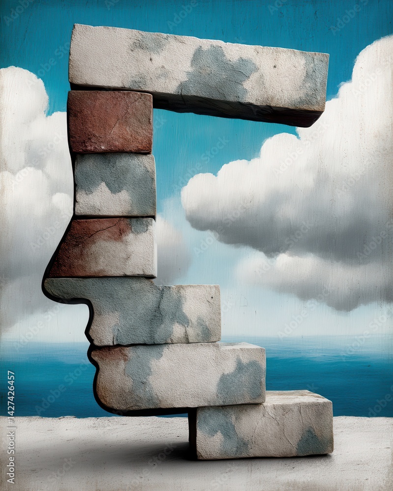 Aufkleber abstract flat art with double exposure effect featuring geometric shapes and cloudy background