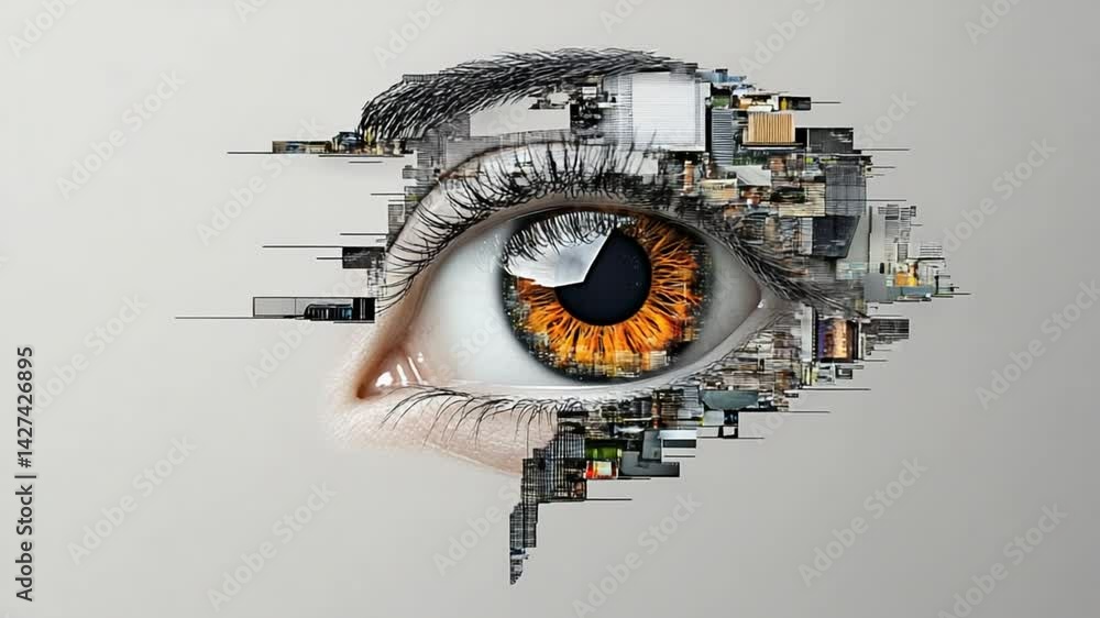 Poster eye art with digital elements showcasing fusion of nature and technology in a surreal and abstract s