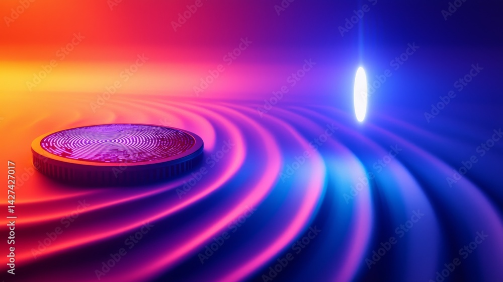 Poster abstract representation of digital currency with colorful waves and light effects.
