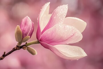 Fototapeta premium Close up of a pink magnolia blossom with water droplets