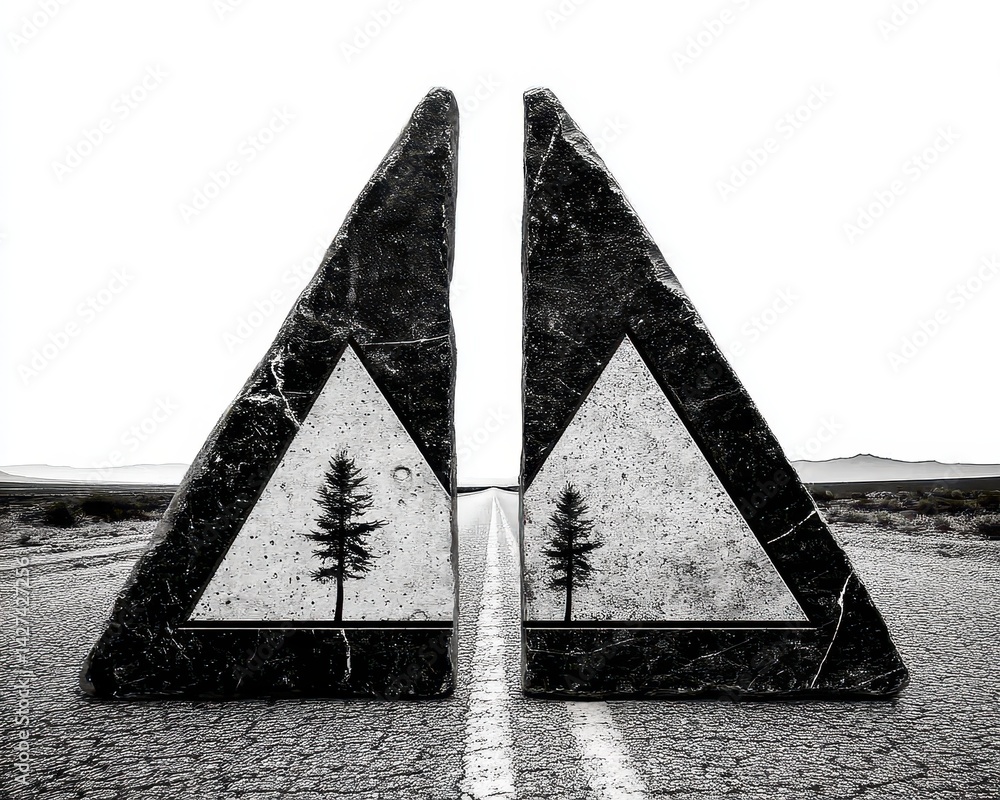 Poster abstract double exposure of geometric shapes with trees representing nature and modern design concep