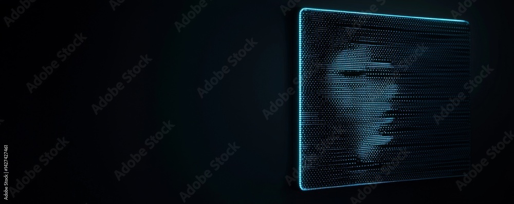 Poster an abstract image showcasing a digital artifact with glowing lines and shapes.