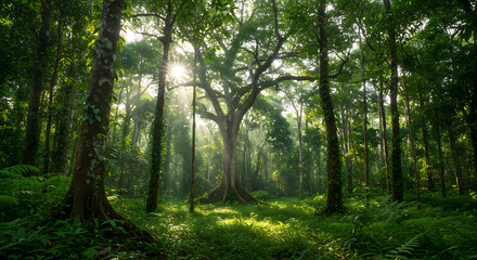Naklejka premium Sunlight Shining Through Forest Trees in Green Nature Landscape Scene