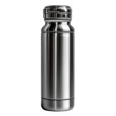 Stainless steel water bottle insulated metal container reusable flask for hydration on black background on transparent background