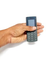 hand holding mobile phone isolated on white background 