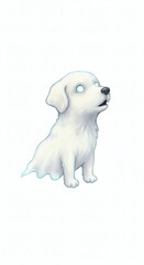 A cartoon of a white puppy with glowing eyes sitting on a white background looking up slightly