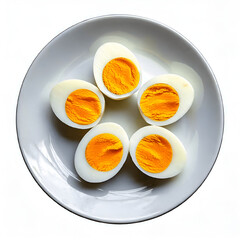 5 Hard Boiled Egg Slice into Half in top of White Plate White Background