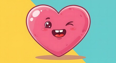 Cute Winking Heart Cartoon Character with Happy Expression on Background