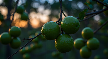 Green Citrus Fruit on Branch in Natural Sunlight