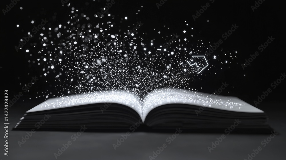 Poster an open book with magical sparkles emerging from its pages against a dark background.