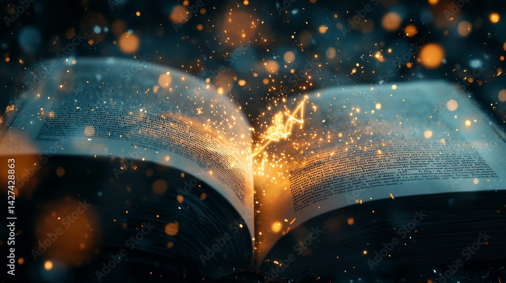 Poster an open book with sparkling magic, evoking imagination and wonder in a dark setting.