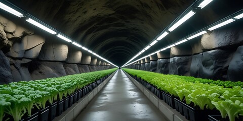 Obraz premium Underground hydroponic farm tunnel with rows of lush green plants under artificial lighting, showcasing futuristic agriculture and sustainable food production