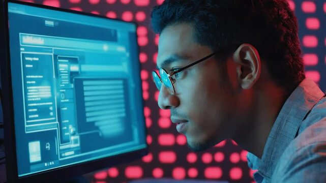 Focused programmer looks at a computer screen displaying code and interfaces in a dimly lit setting with red pixel lights.
