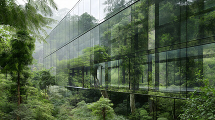 Obraz premium Discover the Stunning Contrast of Mirrored Glass Facade Capturing Dense Forest Reflections in Urban Environments