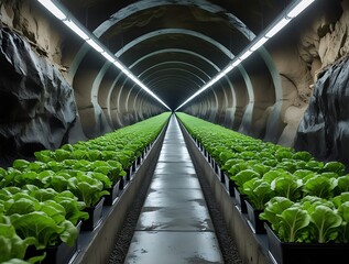 Obraz premium Modern indoor farming system inside a tunnel, emphasizing green innovation, sustainability, and efficient food cultivation using technology-driven hydroponic methods