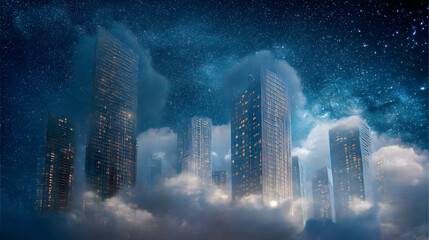 Fantastic cityscape blending into a starry cosmos, enveloped by soft, ethereal cloud formations