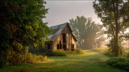 Obraz premium Abandoned barn glowing softly under morning light evokes haunting rural nostalgia serene countryside exploration photography